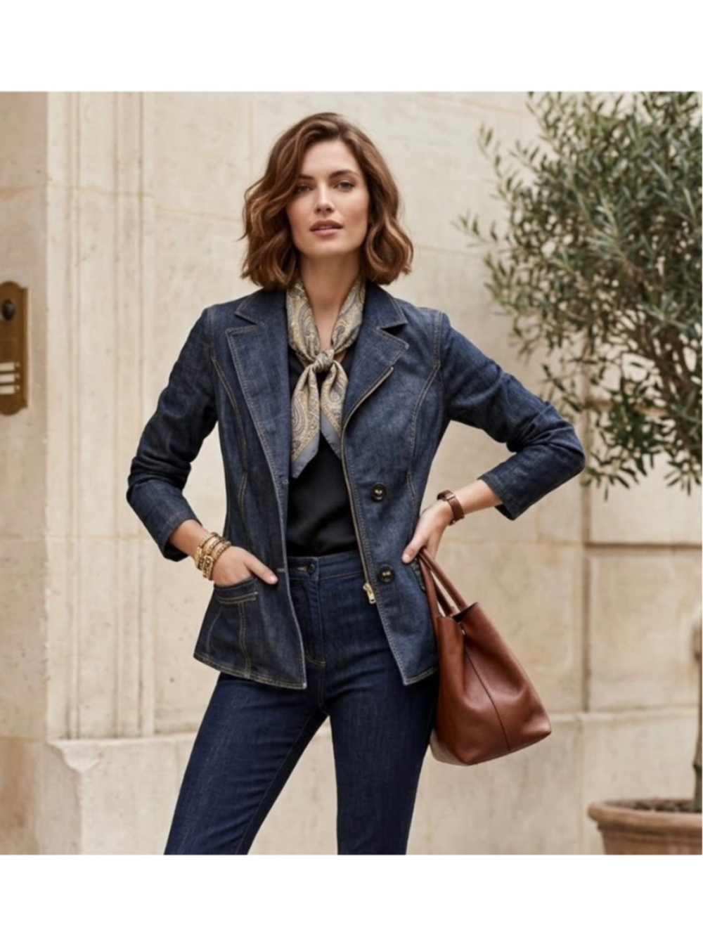 Dark Wash Women’s Denim Blazer Jacket Contrasting Stitch Button and zipper